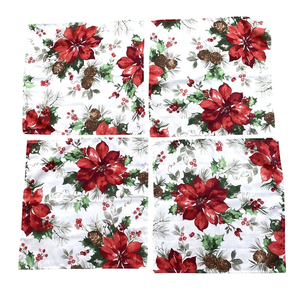 Christmas Napkins set (4) festive printed cloth red poinsettias & greenery